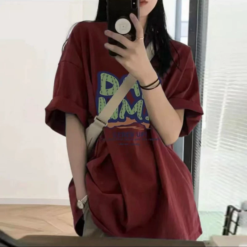 Американская ретро футболка с короткими рукавами женская летняя новая модель ins прилив oversize свободная тонкая и ленивая одежда с половиной рукава