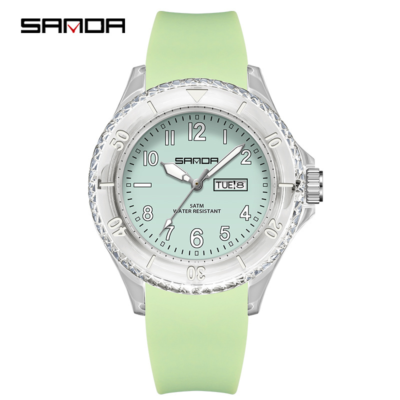 Sanda marca reloj de cuarzo al aire libre impermeable simple calendario caso transparente estudiante niños reloj 9062