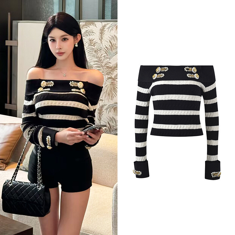 2026 Autumn Rock Navy Style Shirt Collar Design with Beaded Buttons Black and White Striped Off-Shoulder Knit Sweater