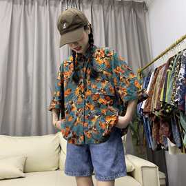 印花宽松显瘦夏季衬衣2026碎花短袖衬衫新款韩版复古港味上衣小众