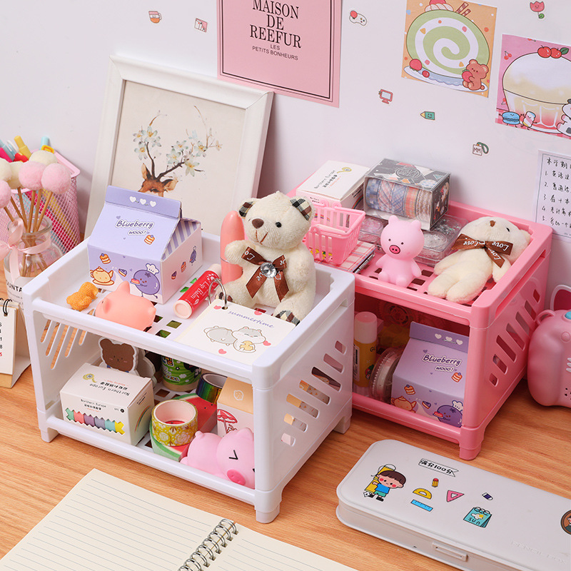 网红简约镂空双层置物架 办公桌面杂物整理收纳架化妆品收纳盒