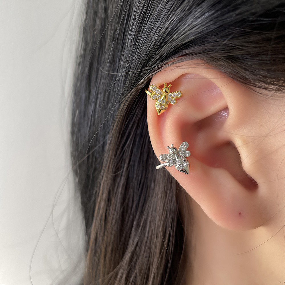 Clip oreja abeja con circonita, sin perforar, estilo ins, joya creativa mujer