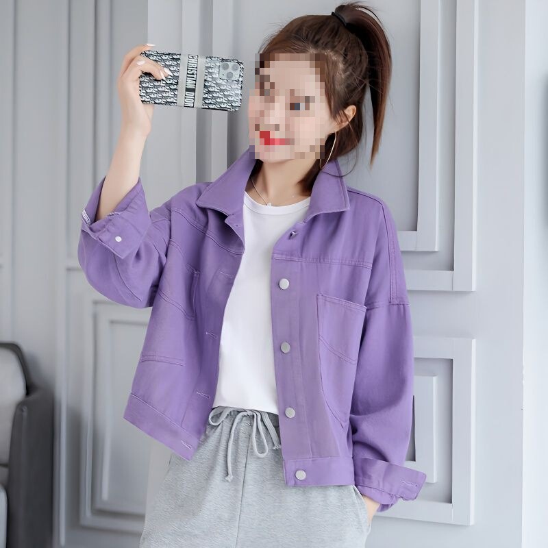 Petite Purple Denim Short Jacket for Women, New Casual Versatile Jacket Top for Early Spring and Autumn