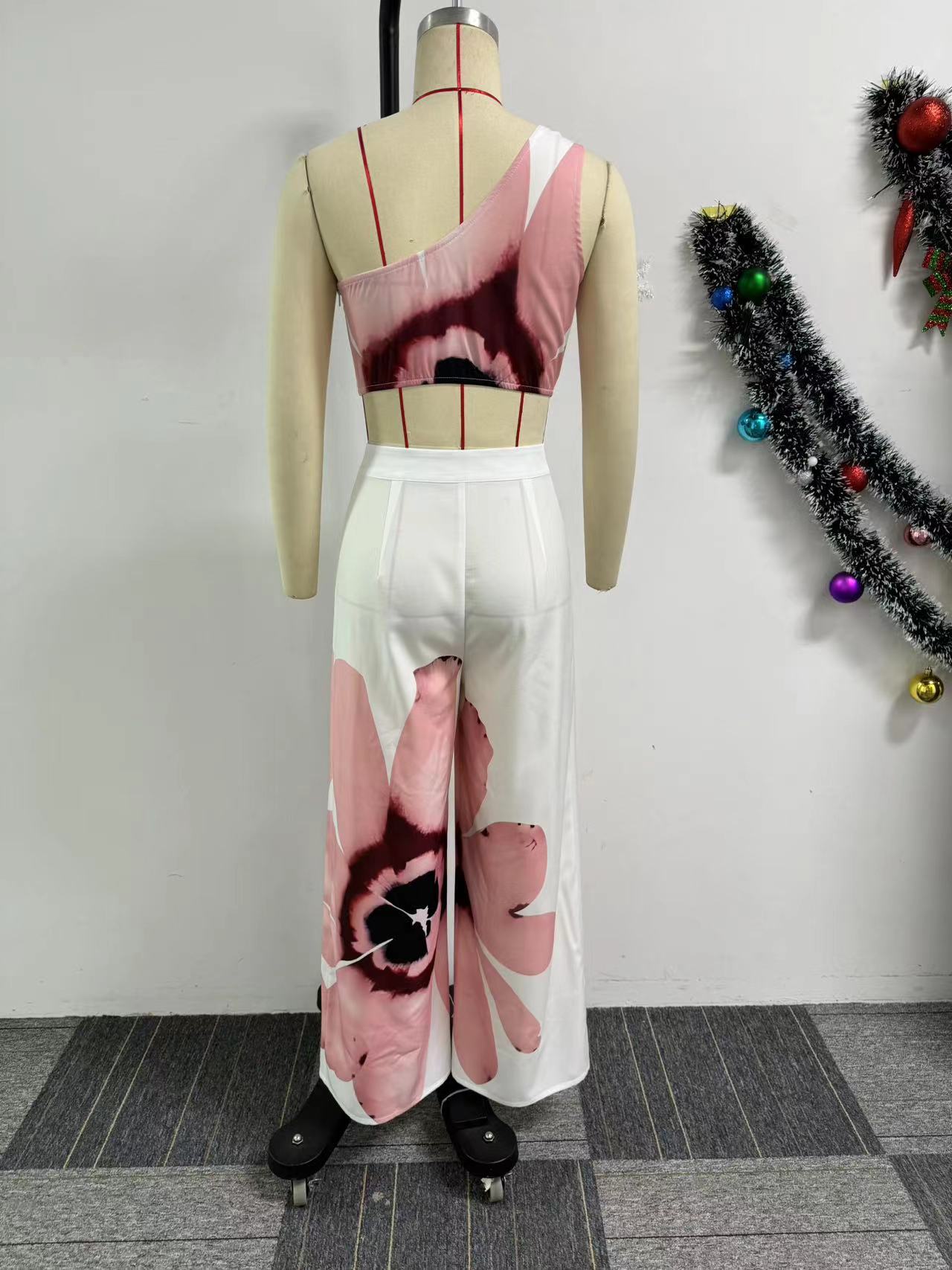 Ensemble deux pièces pantalon large coupe slim à une épaule imprimé pour femme_voghion.com