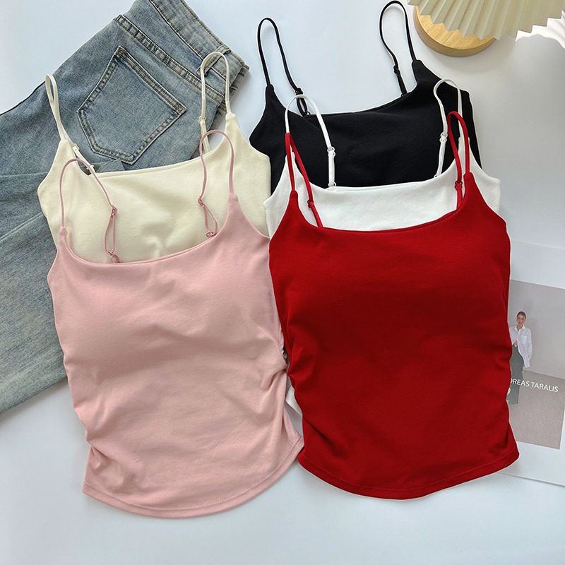 New Pure Desire Sweet and Spicy Design Pleated Camisole for Women with Breast Pads for Inner Wear and Outer Wear Slim Back Top Summer