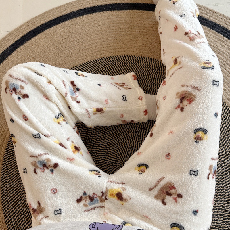 Pantalones de pijama de franela de dibujos animados de otoño y invierno para mujeres con pantalones de lana de coral caliente para estudiantes de lana de invierno para el hogar