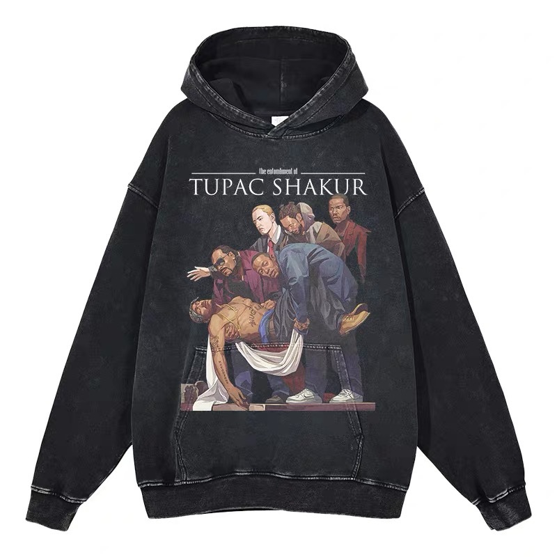 Eminem Travis Scott Tupac XXX American Hip Hop Rap Vintage Imprint Water Washed Hooded Sweater