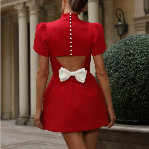 European And American Cross-border 2024 New Model Half-high Collar Short-sleeved Red Dress, Slim-fit High-waisted Dress_ecoleips.com