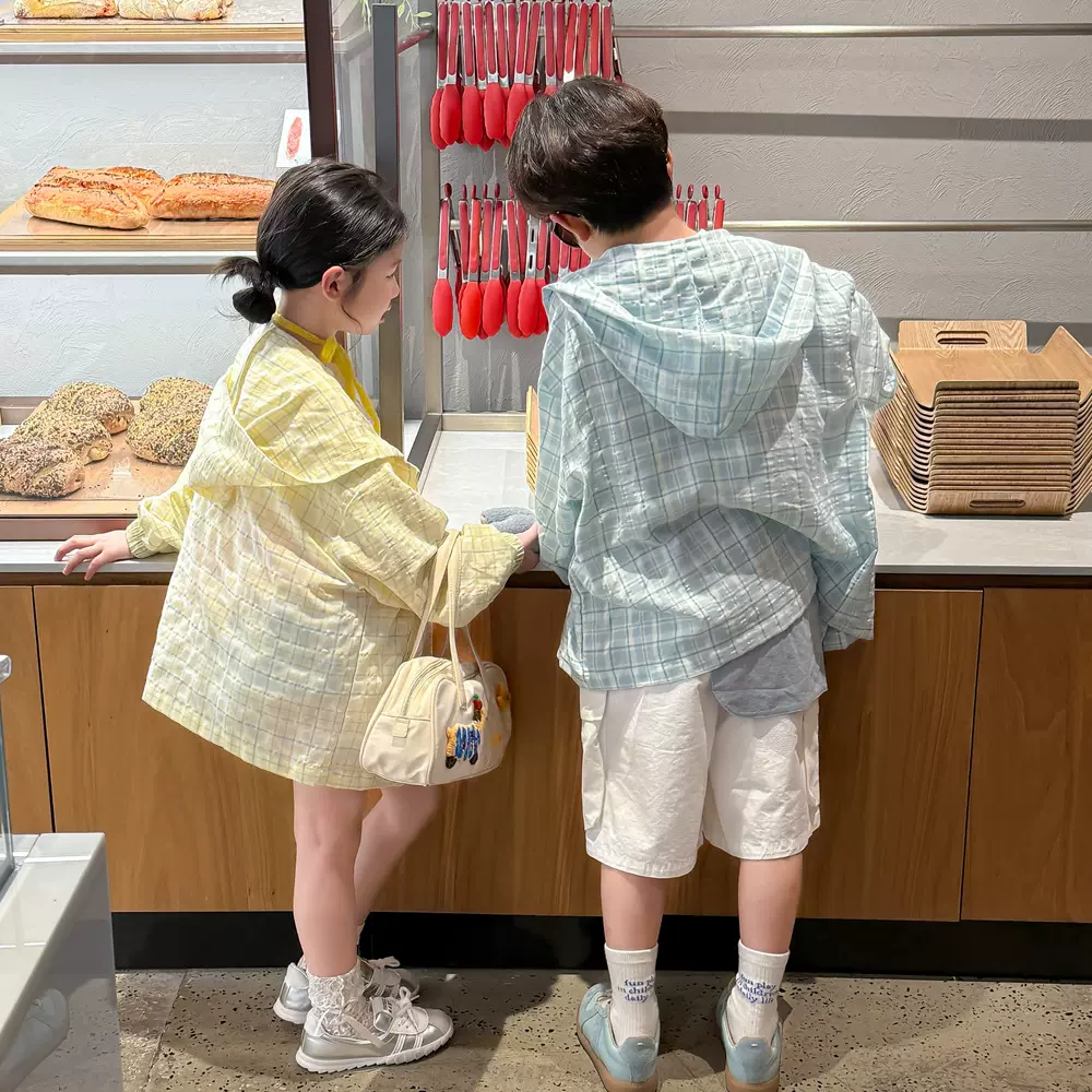 童防晒衣2025夏季男女童韩版格子连帽防晒服儿童宽松休闲户外上衣