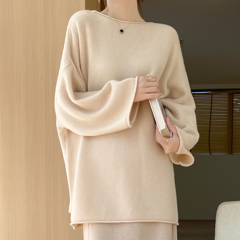 2025 Korean Style New Rolled Edge One-Line Collar Pure Wool Knitwear Women's Pure Color Pullover Loose Soft Waxy Bottoming Shirt