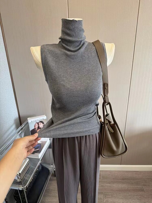 强推~简约堆堆领高领打底衫女修身无袖针织背心纯色气质内搭上衣|undefined