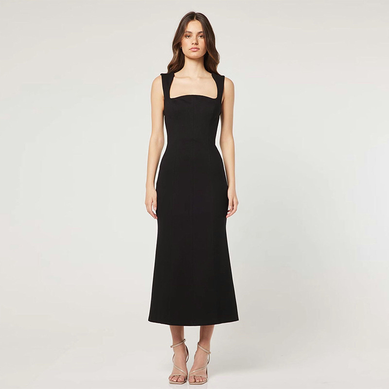 In stock 735 summer New 2023 black square collar A- line mid-length slim dress dress simple fashionable women