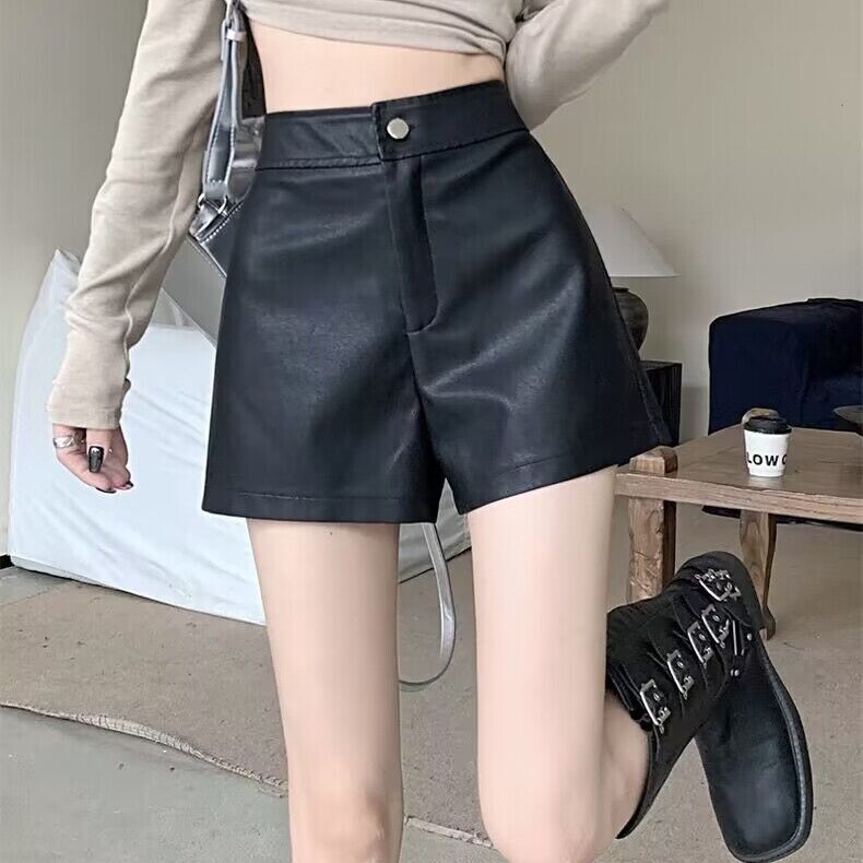 PU leather pants shorts high waist slimming black wide leg pants casual A- line hot pants fat m small fashion sister boot pants