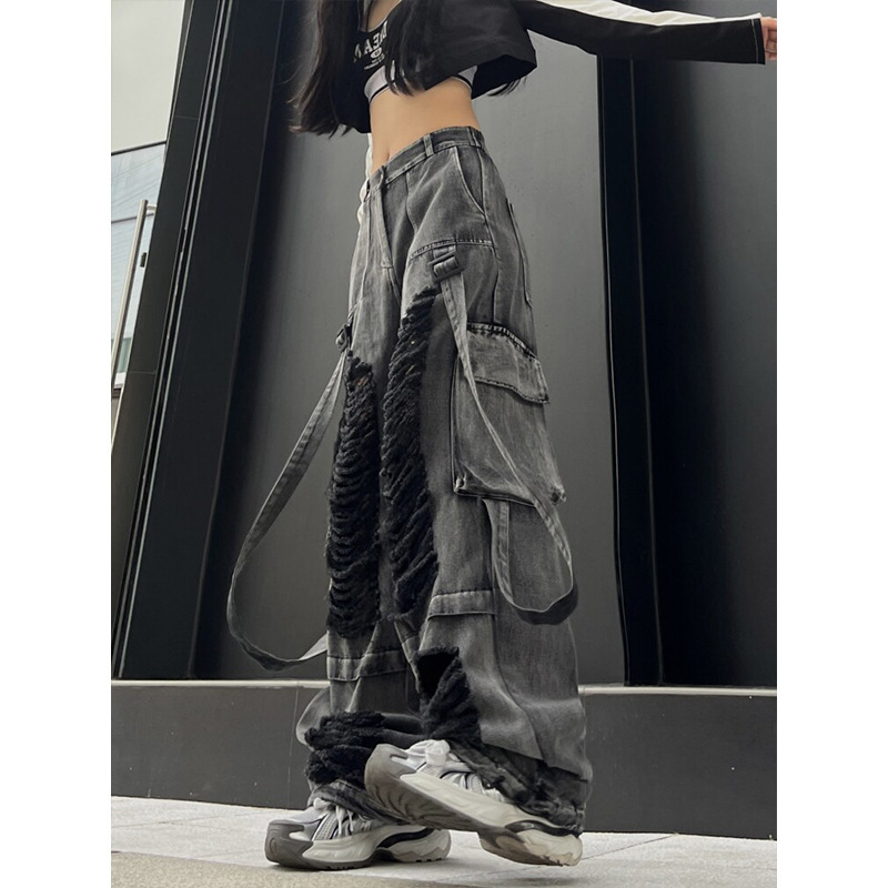 American High Street Style Ripped Jeans for Women, Wide-Leg Hip-Hop Cargo Pants with Ribbons, Dark Techwear Style, Street Dance Jazz Vintage Look American High Street Style Ripped Jeans for Women, Wide-Leg Hip-Hop Cargo Pants with Ribbons, Dark Techwear Style, Street Dance Jazz Vintage Look