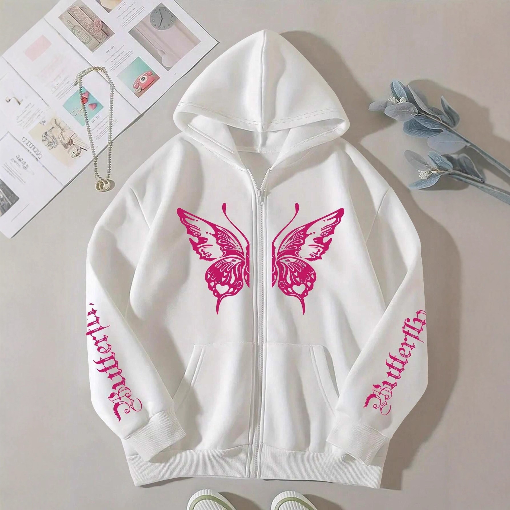 Tendencia transfronteriza mariposa capucha suéter mujer estilo coreano cremallera suelta abrigo otoño e invierno engrosado suéter de mujer de terciopelo