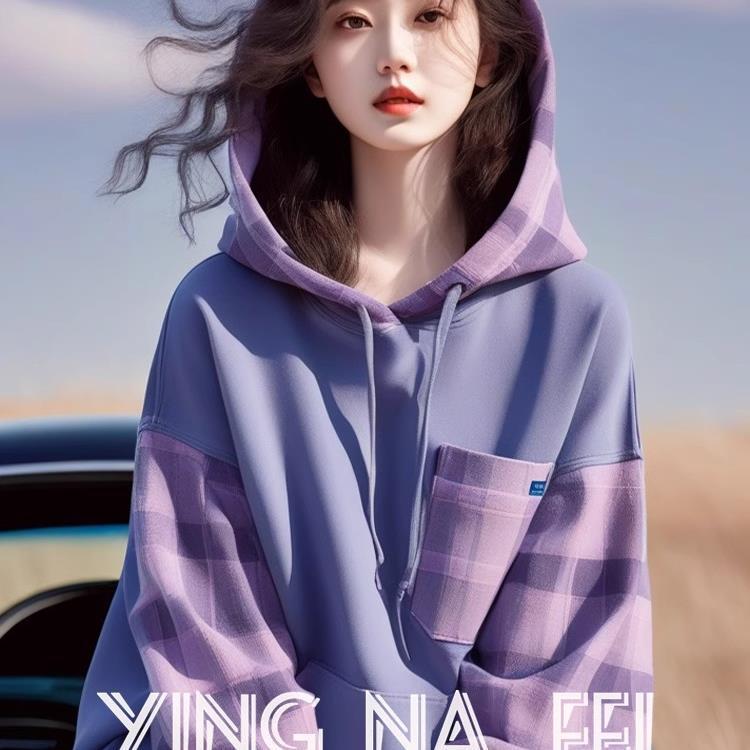 보라색 격자 무늬 디자인 느슨한 우아한 후드 스웨트 여성의 2024 새로운 가을 세련된 탑