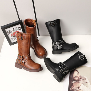 Children's Genuine Leather Boots Girls' Solid Color Vintage Martin Boots Thick-soled Single Buckle Knight Boots Large Children's Boots