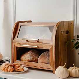 木质双层面包收纳箱厨房甜点糕点透明亚克力手提箱实木吐司保鲜箱
