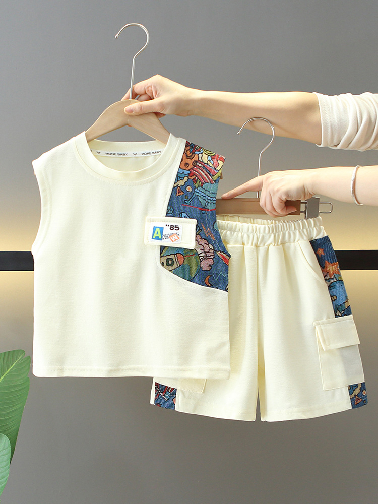7871 traje de verano para niños 2025 nuevos pantalones cortos de chaleco guapos para niños de dos piezas ropa de verano para bebés de moda