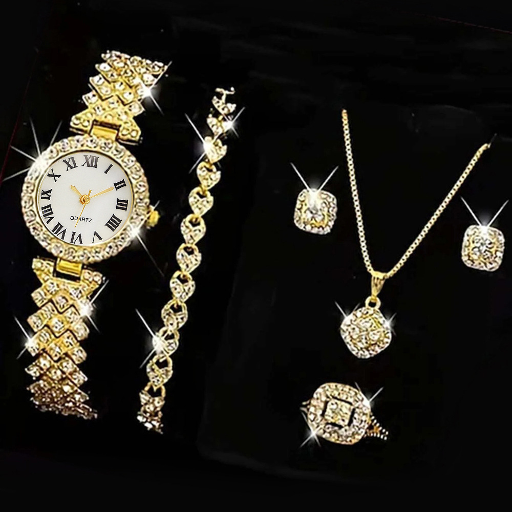 Gold single watch + bracelet + diamond accessories