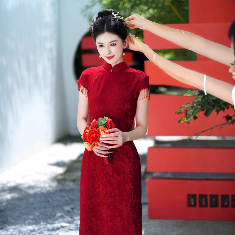 Lace Jacquard 2026 New Style Crescent Sleeve Long Dress for Mother of the Bride, New Chinese Style Wedding Banquet Outfit, Bride's Toast Cheongsam