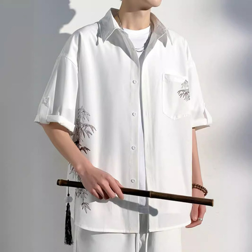 New Chinese Style 7/8 Sleeve Ice Silk Shirt for Men - Summer Trendy Brand National Style Short Sleeve Collar Shirt Loose Cool Feeling Easy to Clean Outerwear