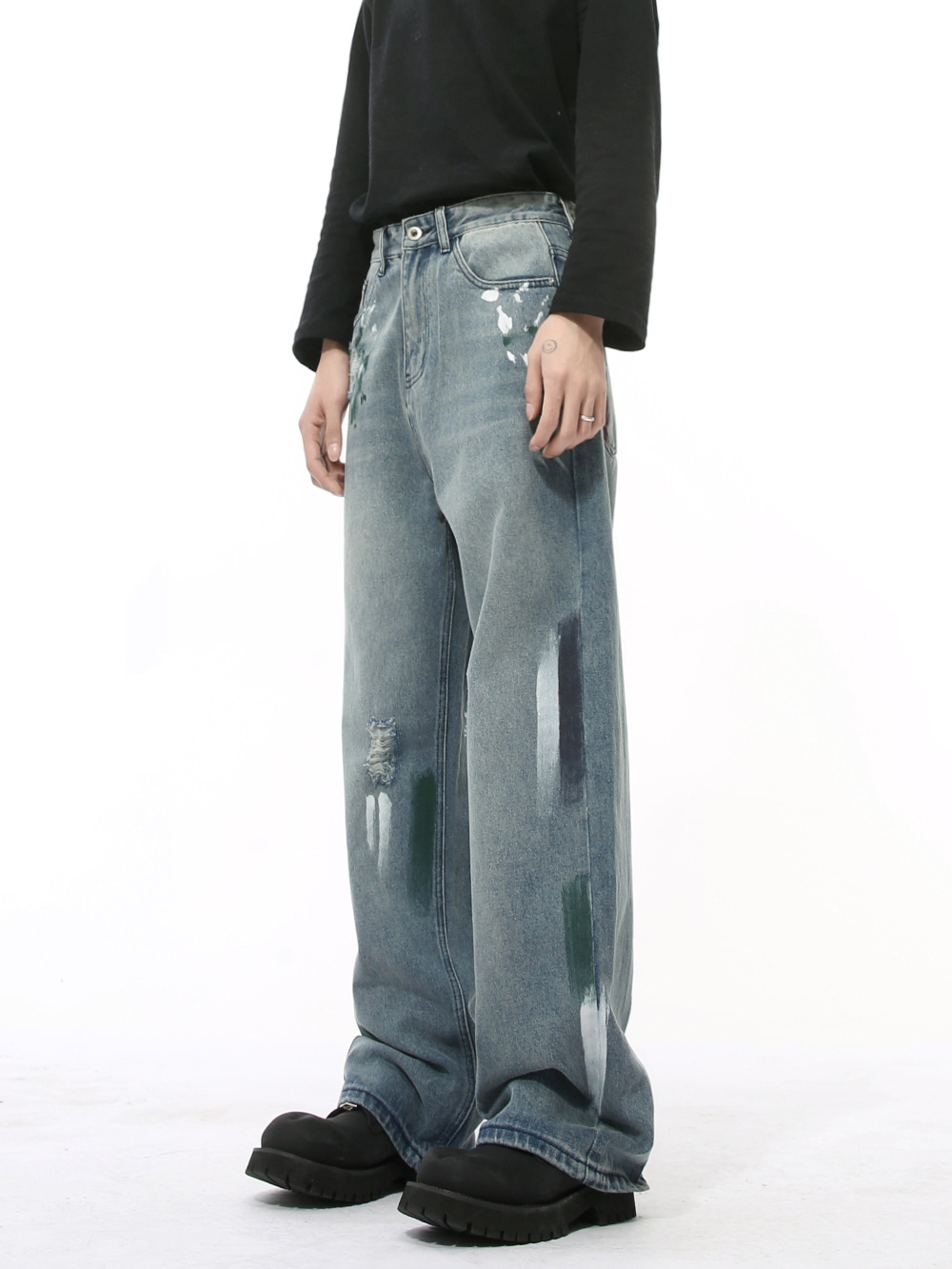 MTLCLOTHES Hombres| Nuevos productos de invierno coreanos pesados pintados a mano graffiti estilo de diseño de jeans rectos sueltos