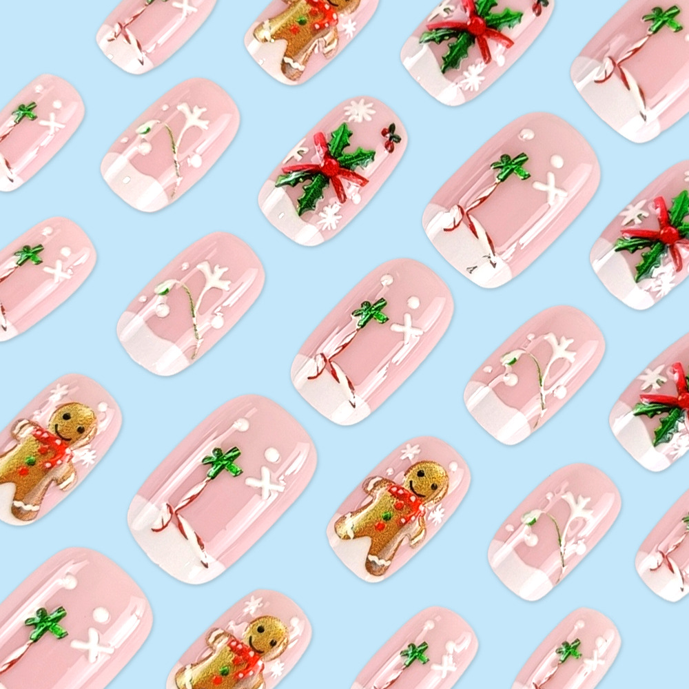 Nuevos productos transfronterizos Navidad en relieve de uñas, pan de jengibre, hombre de hoja de hiverno, estilo francés, 24 piezas de parches de uñas terminados.