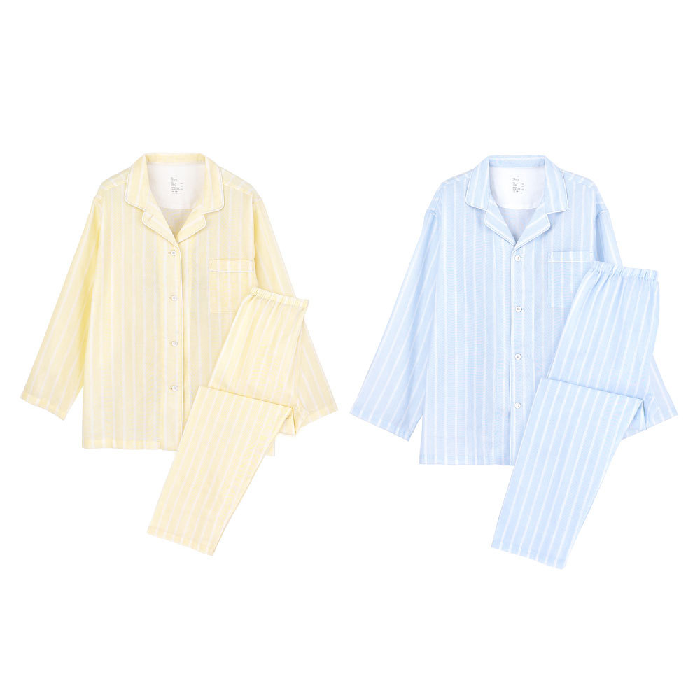 无印新款条纹无侧缝双层纱织睡衣套装情侣家居服棉男女春日式良品