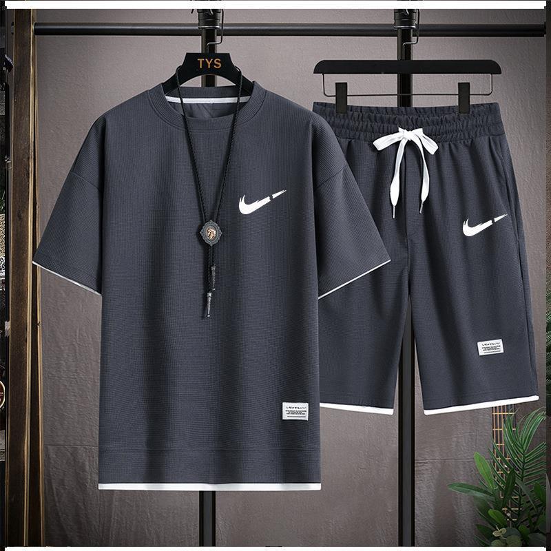 Waffe T-Shirt Hong Kong Style Men's Fake Two-piece suit Couple's Loose Fashionable plus size Pants Outdoor Casual