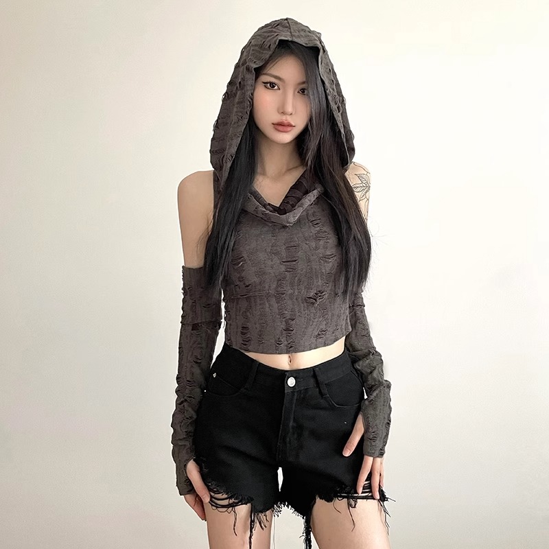 Official figure real price waste soil wind sweet hot girl short sleeve top women's spring and summer hole vest hooded base shirt T-shirt