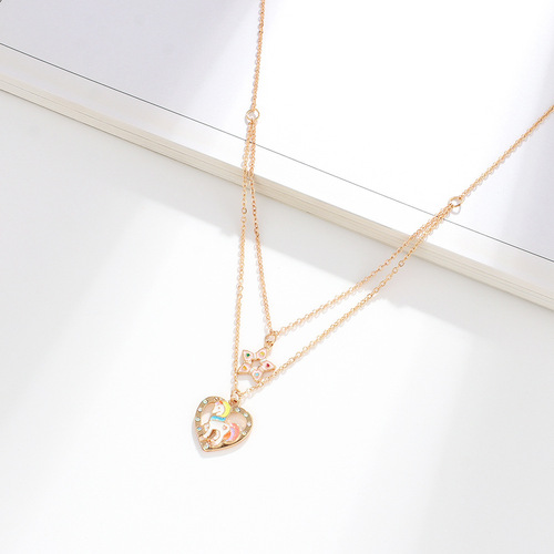 Cross-border European and American children's double-layer adjustable alloy drip oil pendant ornament cartoon unicorn pendant necklace jewelry wholesale