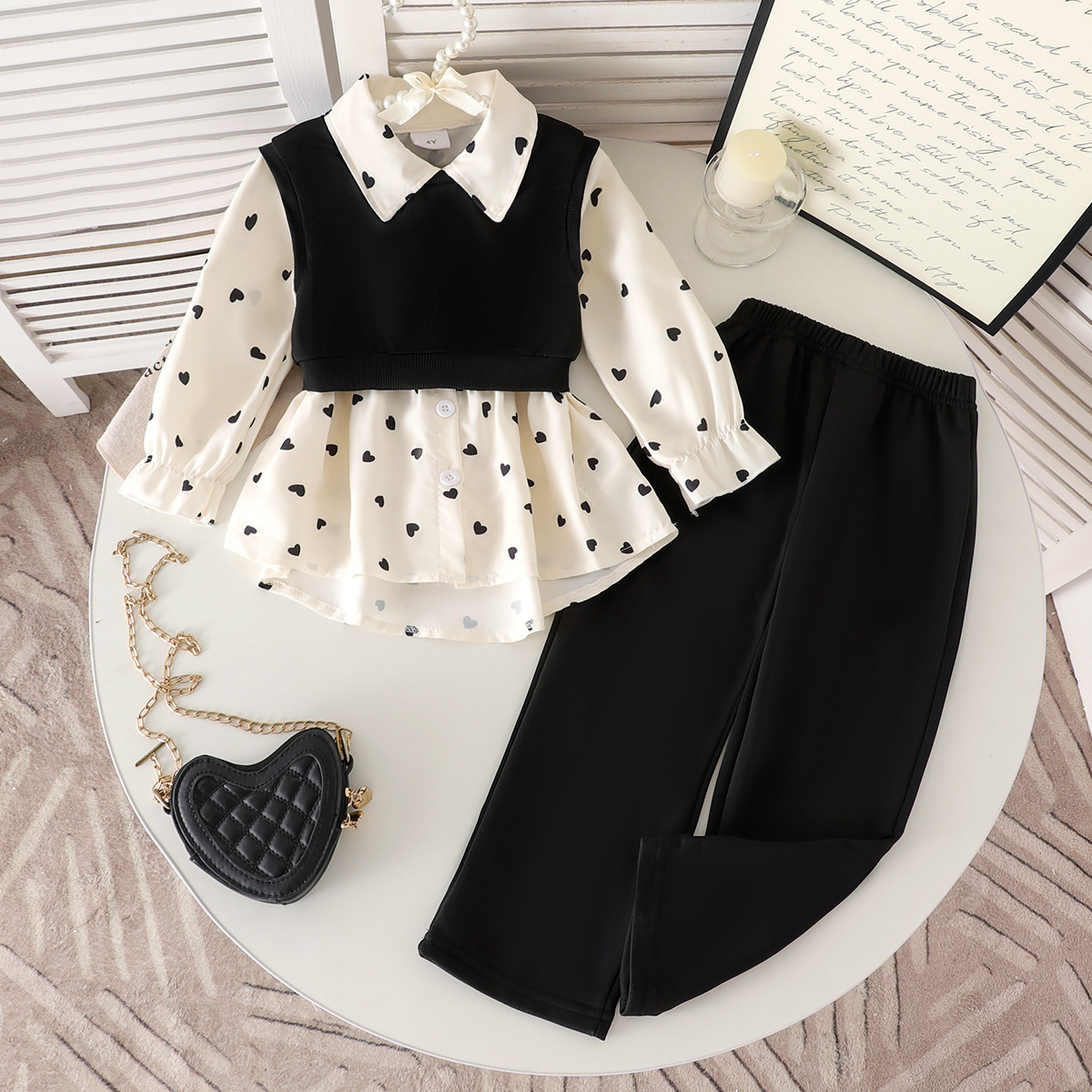 Amazon Cross-Border European and American Children's Suit Autumn New Style Knitted Vest Heart Printed Bottoming Shirt and Pants 3-Piece Set