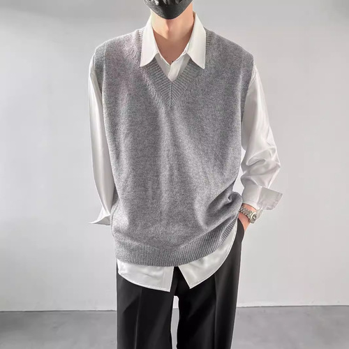 Spring Autumn Winter Korean Version Loose Knitted Underwear Sleeveless Vest Men's Inner Wear Top Hooded V-neck Sweater Waistcoat 