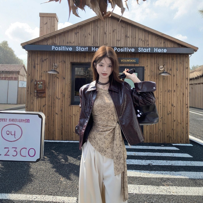 复古辣妹风长袖翻领pu皮短外套女2025秋季新款设计感夹克机车上衣|undefined