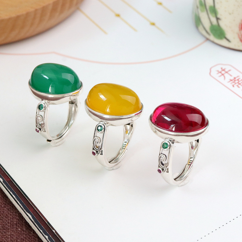 s925 Thai silver red corundum ring ladies wholesale retro do old Chinese style chalcedony agate oval ring gift
