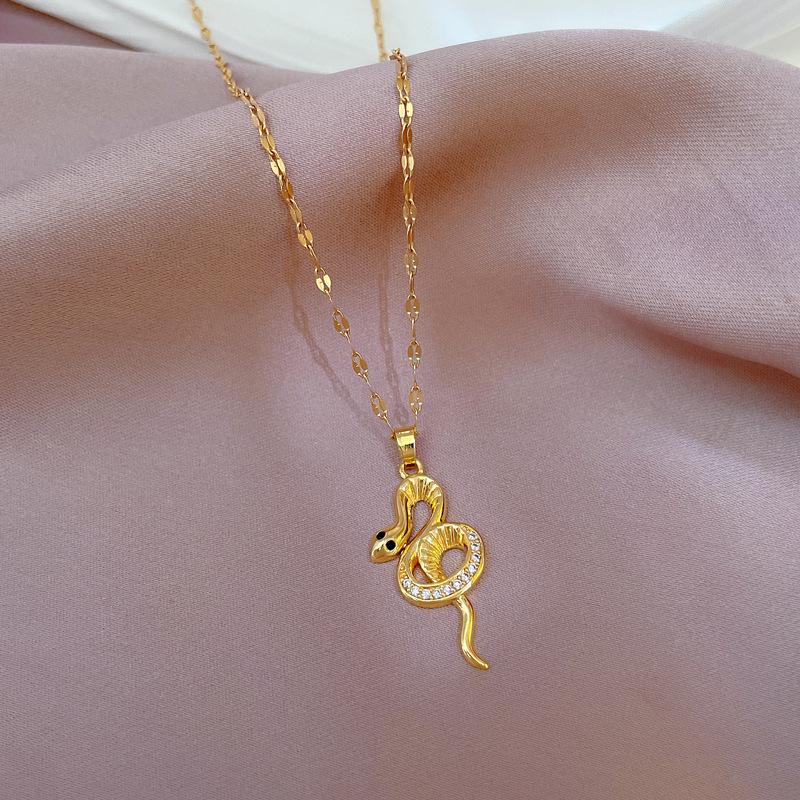 Fashion Snake Stainless Steel Plating Inlay Rhinestones Pendant Necklace 1 Piece