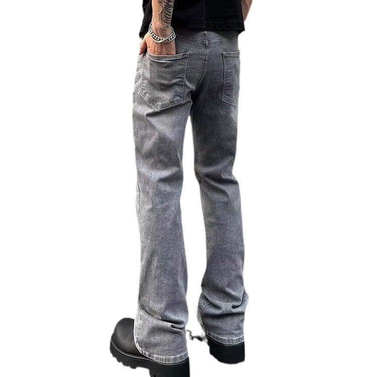 Men's Gray American Streetwear Vintage Wash Flared Jeans, Relaxed Fit Bootcut Denim Pants With Distressed Details For Urban Fashion_mkmklike.com