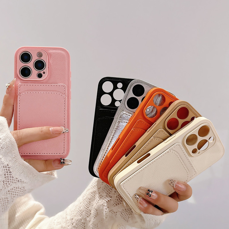 Litchi Pattern Card Holder Suitable for Apple 16Pm Mobile Phone Case Card Iphone15 Simple 14/13 Mobile Phone Protective Cover