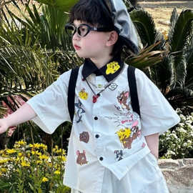男女童套装2025夏季儿童新款印花韩版宽松色衬衫两件套短袖薄款