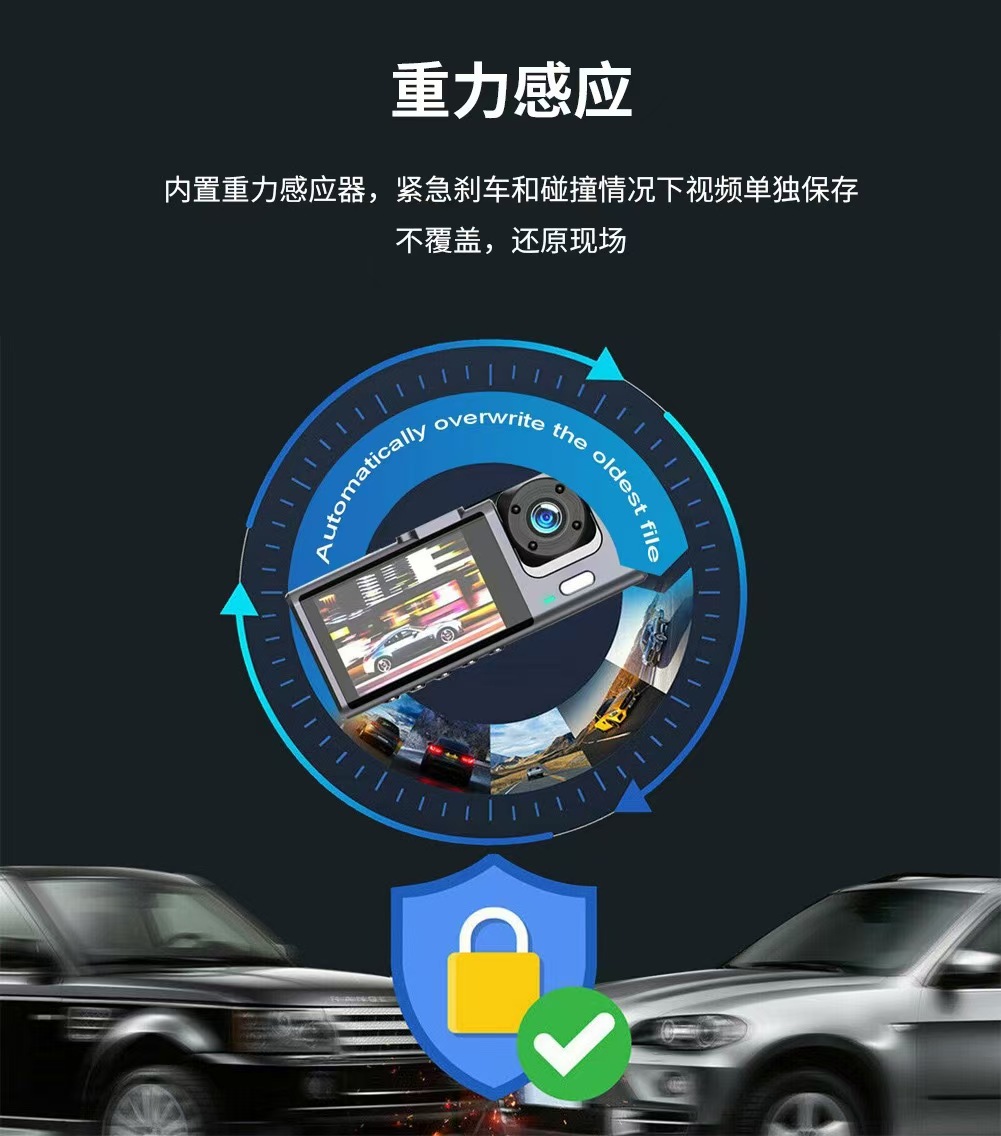 WiFi dashcam with front and rear recording, 1080P high-definition car camera, in-car monitoring, and rearview camera