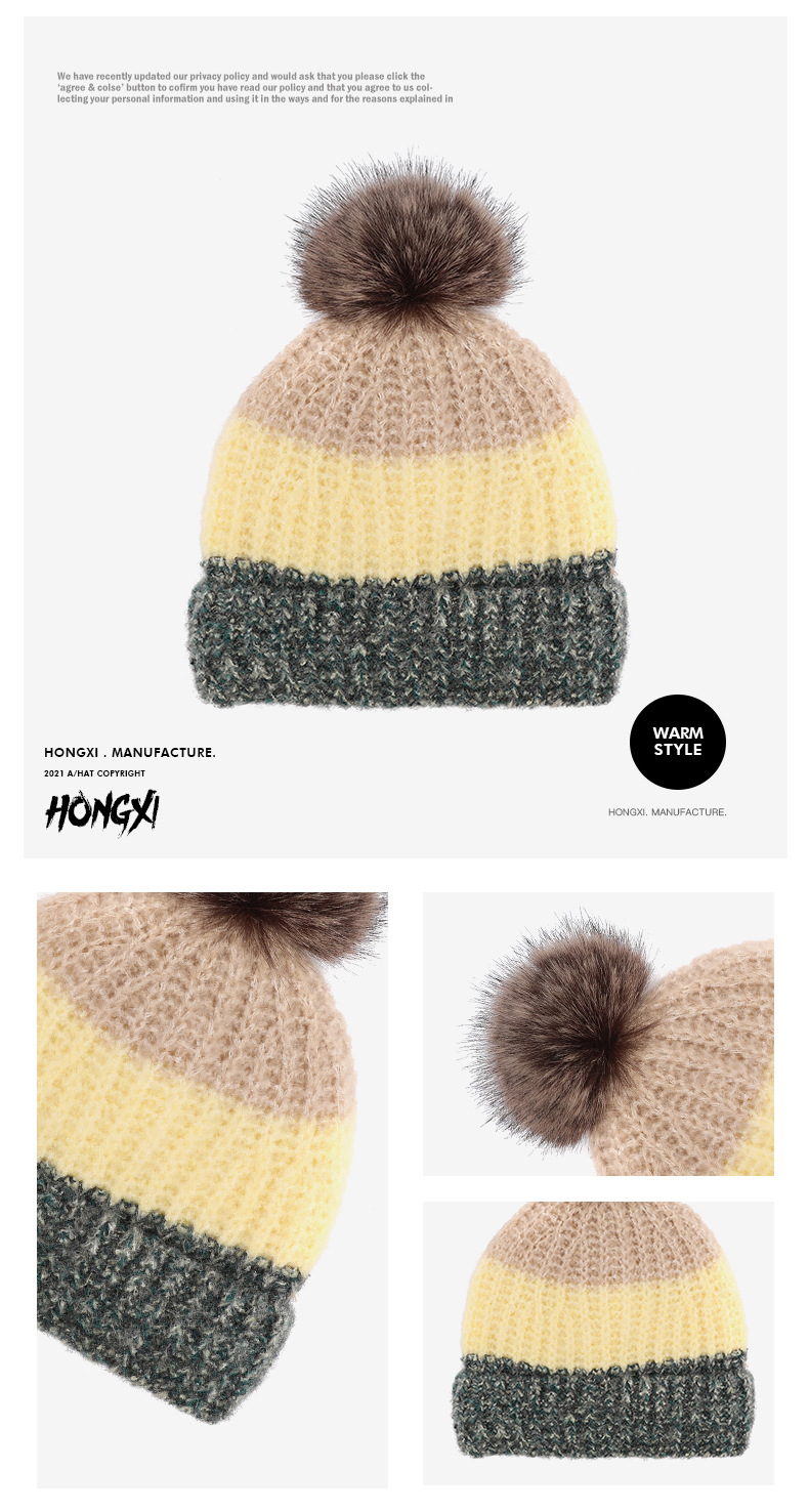 Hongxi New Winter Knitted For Women, Versatile Color Block Striped With Pom Pom, Outdoor Warm And Cold-Proof Wool Hat_voghion.com