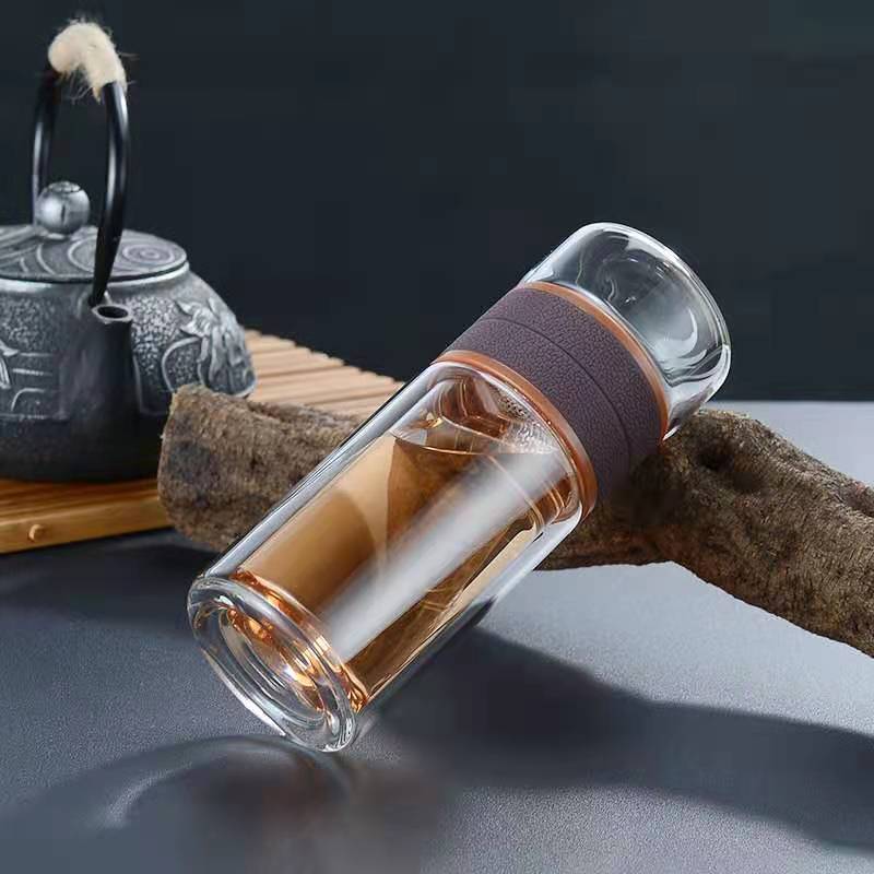 廠家雙層透明玻璃杯茶水分離便攜泡茶水杯商務辦公廣告禮品杯