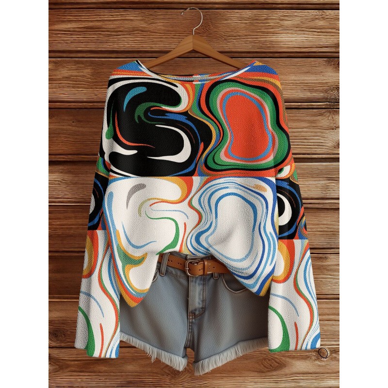 European and American 3D Digital Pattern Creative Color Fluid Effect High-End Women's Clothing Warm Loose-Fitting Drop-Shoulder Round-Neck Sweater