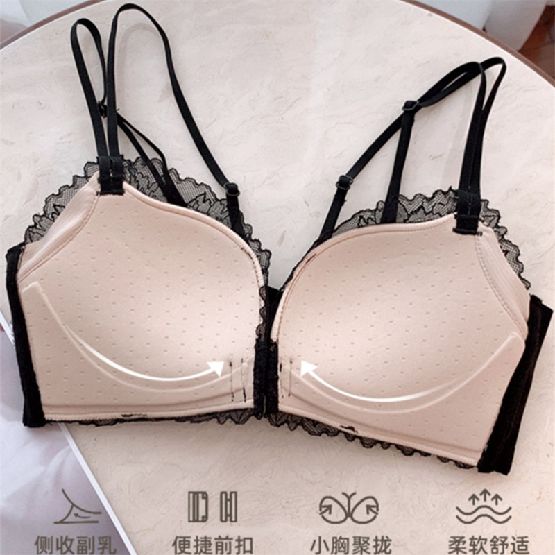 Ropa interior de estilo francés inalámbrico de las mujeres pequeño pecho push up puro deseo estilo encaje sexy ropa interior negro frente hebilla sujetador traje 88