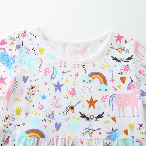 Supply girl's dress, European and American style cartoon unicorn print princess dress, 26 summer new children's dress