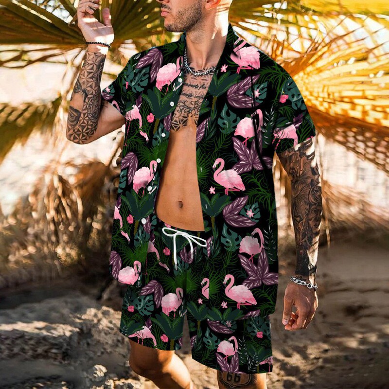 Cross-border Trade European Size Men's Casual Loose Shirt suit Hawaii Seaside 3D Digital Printing Beach Short Sleeve
