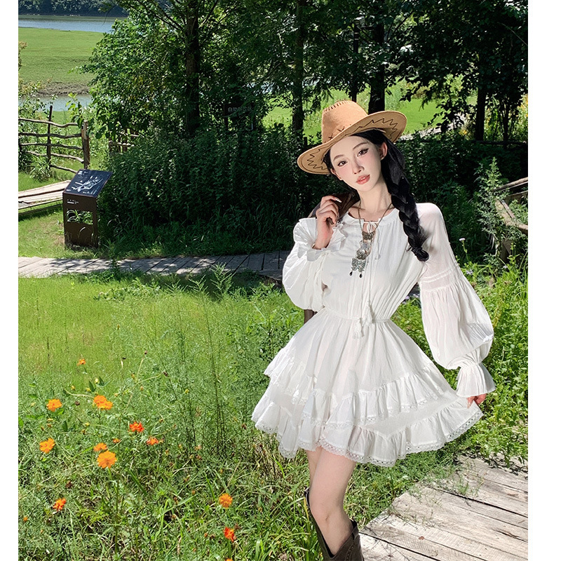 Bohemian Short Skirt Female Western Sichuan Grassland Travel Photograph Long Sleeve White Skirt Foreign Style White Fairy dress
