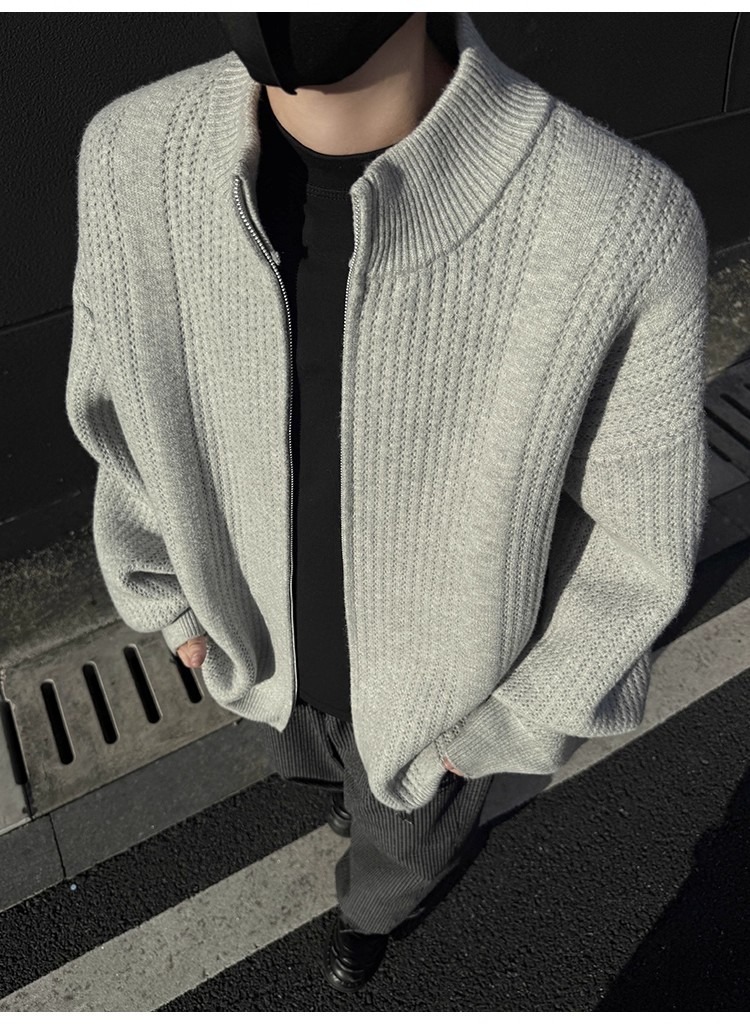 Men's Stand Collar Knit Cardigan Oversized Pullover Sweater_voghion.com