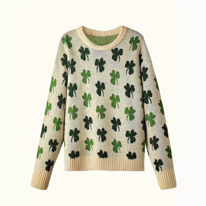 European and American Cross-Border Popular Clover Jacquard Pattern Casual Long-Sleeved Off-Shoulder Sweater